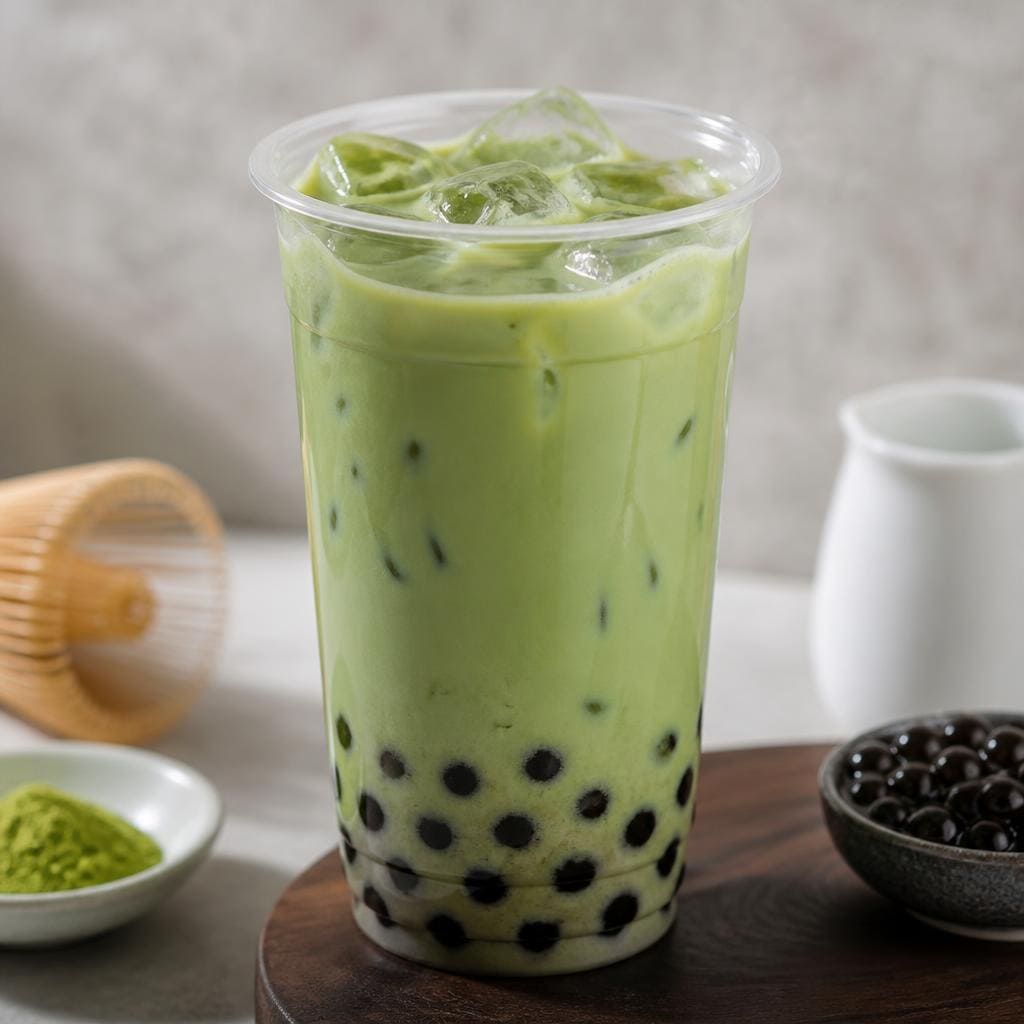 Es Bubble Macha Kopi Ruang Hati dengan greentea powder boba susu dan sirup gula